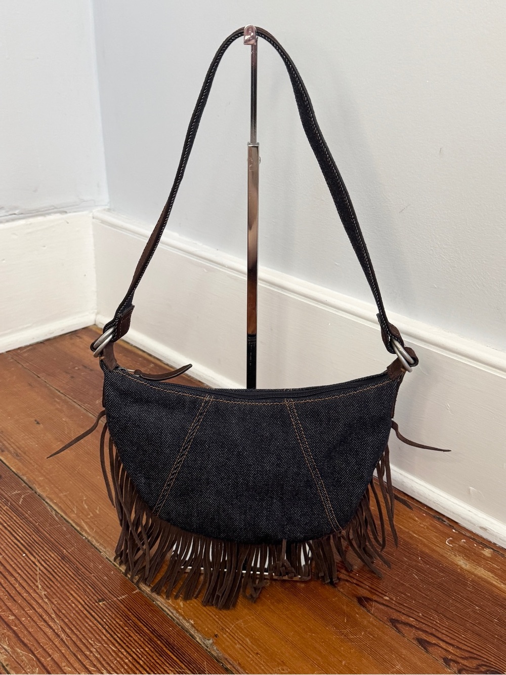 Polo Jeans Ralph Lauren Small Blue Denim Brown Suede Fringe Shoulder Bag Vtg Y2K